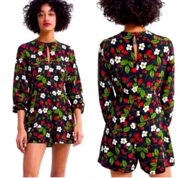 Zara Strawberry Floral Long Sleeve Romper Jumpsuit Size Medium - Picture 1 of 6
